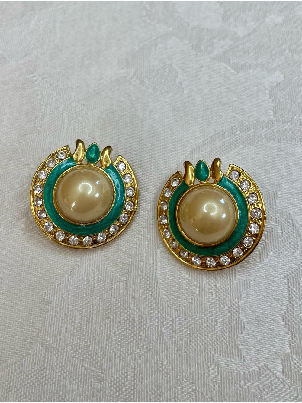 Vintage Statement Clip On Earrings - Egyptian Style Teal and Gold Tone